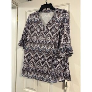 Lomon Women's Bell Sleeve V-Neck Geometric Print Top